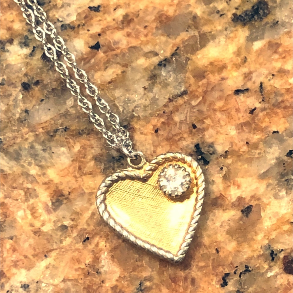 Vintage gold tone heart & silver necklace crystal
